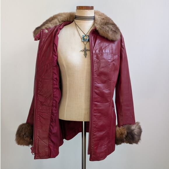 Vintage Red Leather Jacket Penny Lane Fur Trim Coat Grunge Boho Bomber Medium - Picture 7 of 12